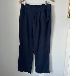 Navy Linen Pants Casual Wide Leg Nancy Myers Coastal Beachy Lagom Womens Size 8